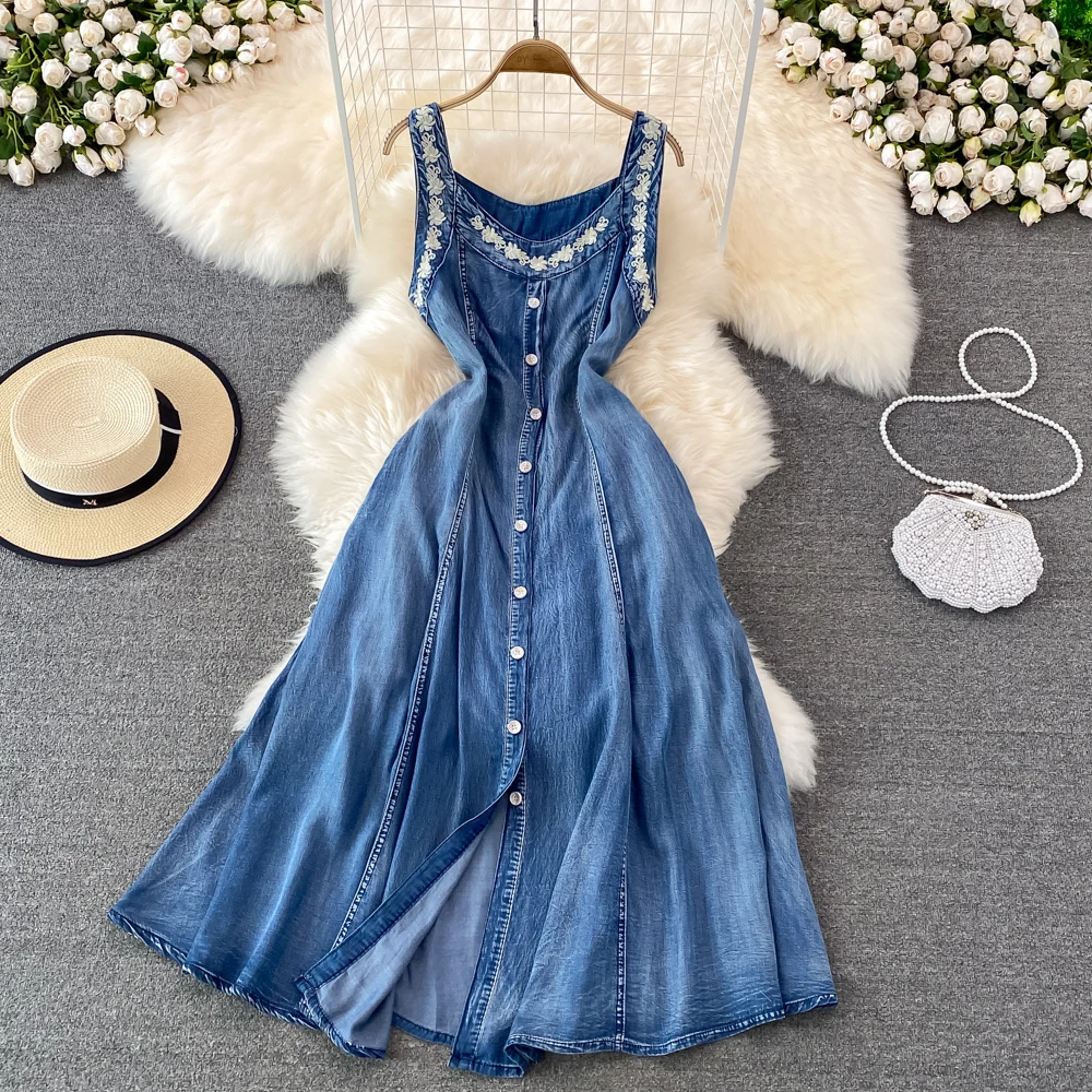 

Embroidered V-neck Denim Suspender Dress Summer New French Slim and Foreign Style A-word Age Reducing Suspender Dress Women