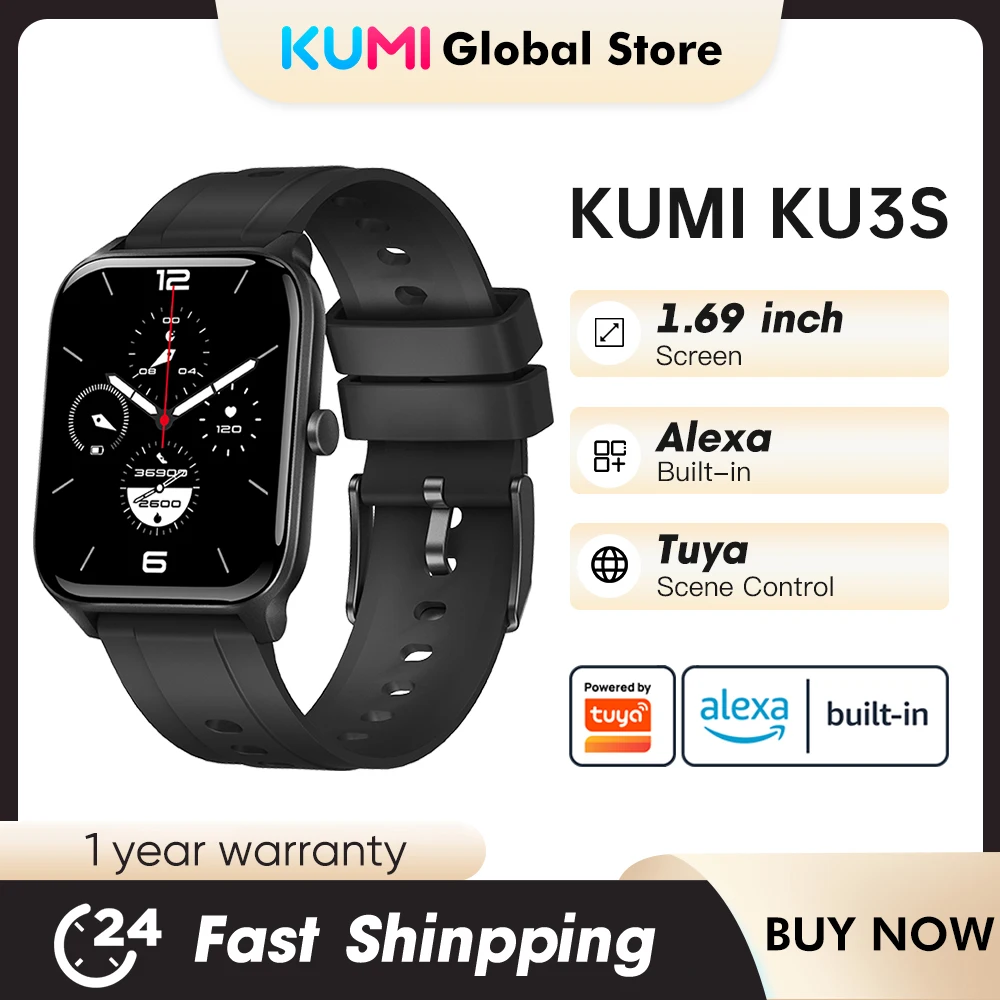 

KUMI KU3S Alexa Tuya Smartwatch Sport Fitness IP68 Waterproof Heart Rate Blood Pressure Sleep Monitor Bluetooth Call men Watches
