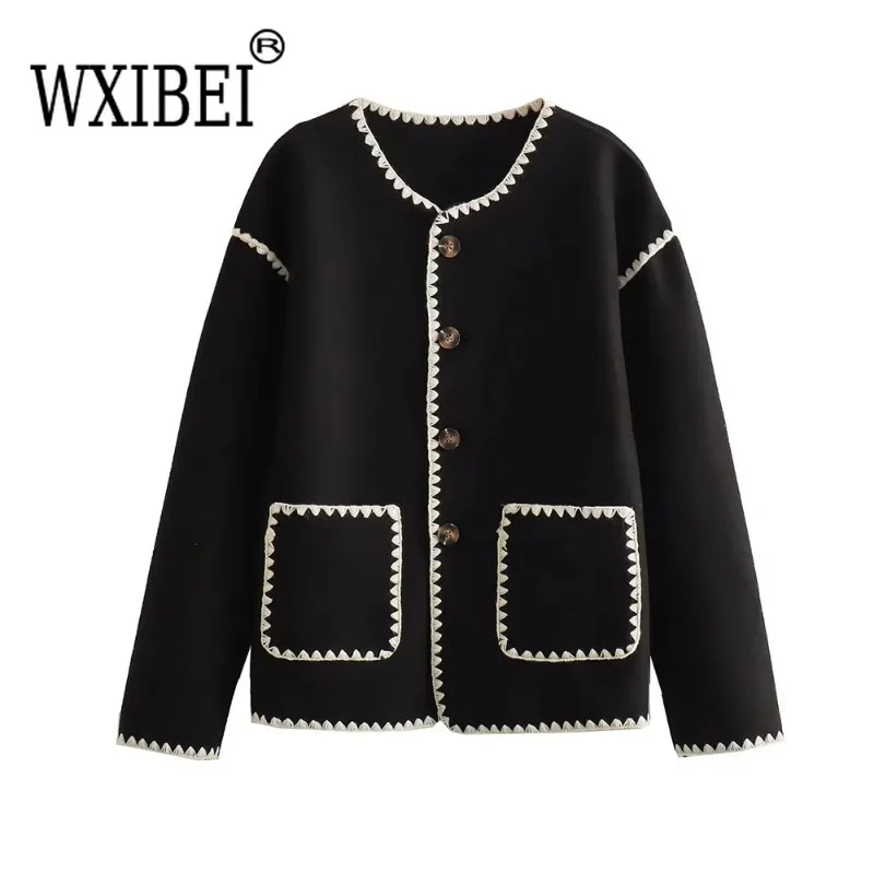 Женская модная контрастная свободная шерстяная куртка с карманами пальто