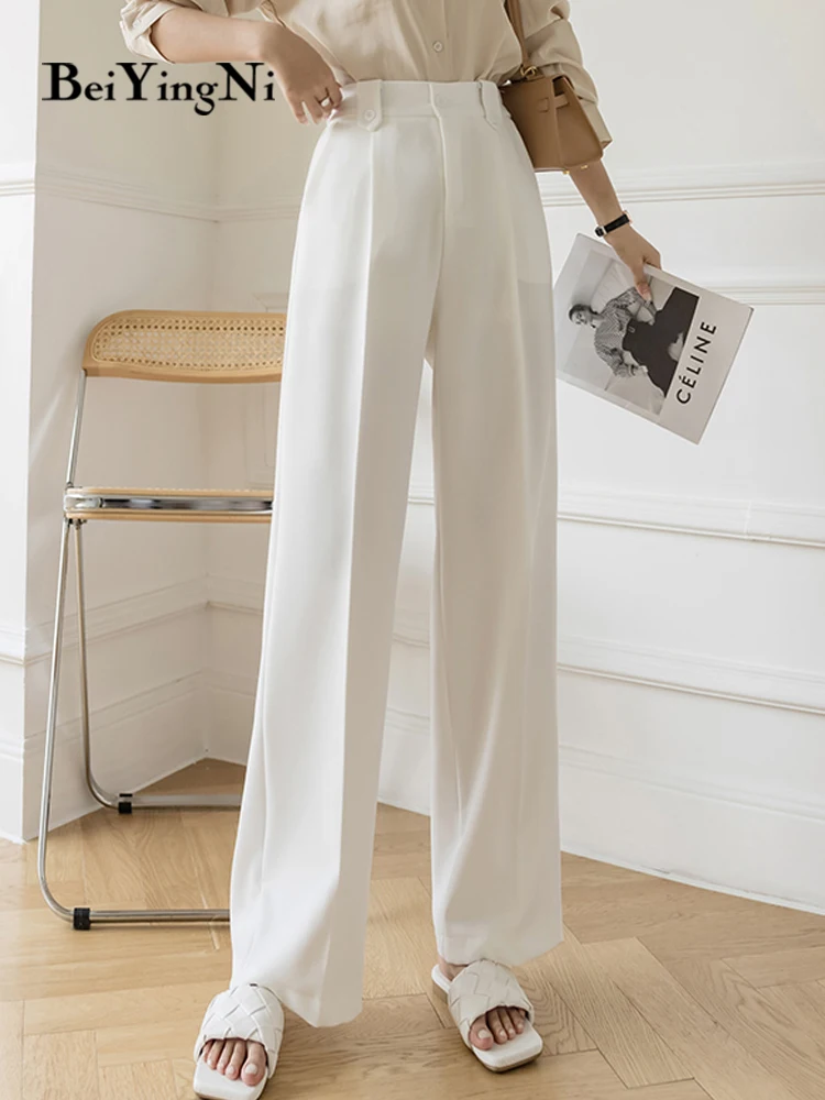 

Beiyingni White Wide Leg Pants Women Solid Color Casual Loose Korean Fashion Elastic High Waist Trousers Elegant Office Ladies