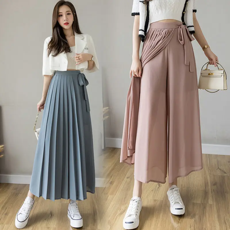 

Spring Summer New Style Korean Women Pleated Chiffon Trousers 2022 High Waist Pants Hakama Casual Wide Leg Pantalones E83