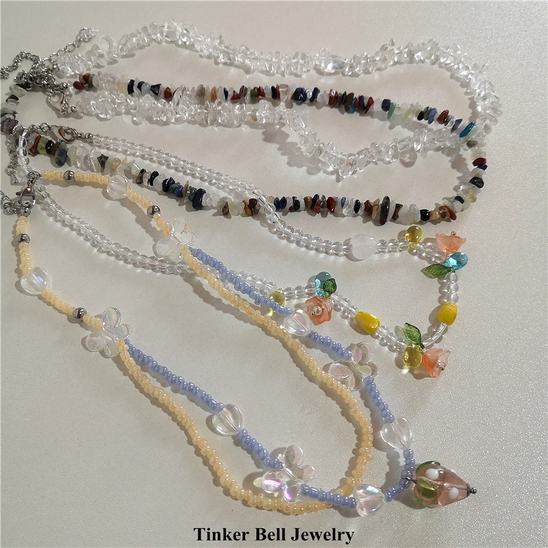

2022 Korea Fashion Vintage Colorful Flower Butterfly Heart Natural Stone Necklace For Women Aesthetic Party Jewelry Accessories
