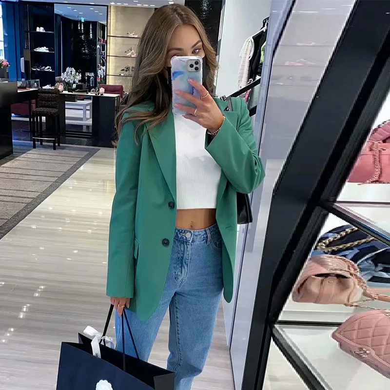 

EvaQueen Fall / Winter 21 New Lapel Single Breasted Suit Green Blogger Fashion Coat