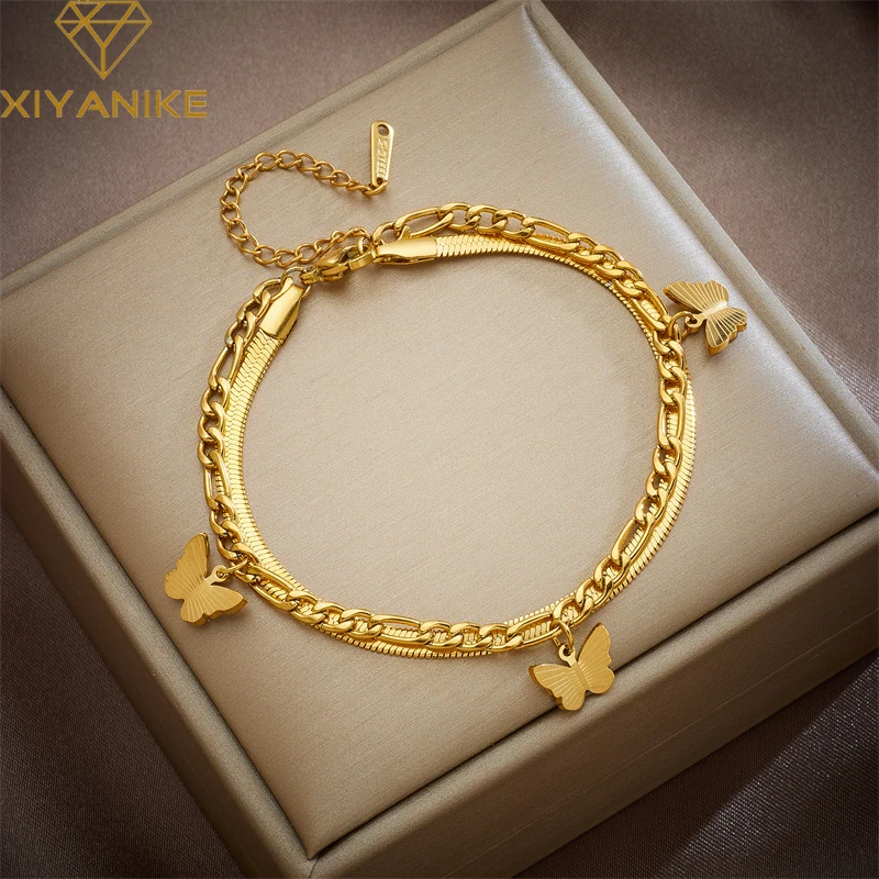 

XIYANIKE 316L Stainless Steel Bracelet Butterfly Pendant Double Chain Accessories for Women Creative New Trends Jewelry Pulseira