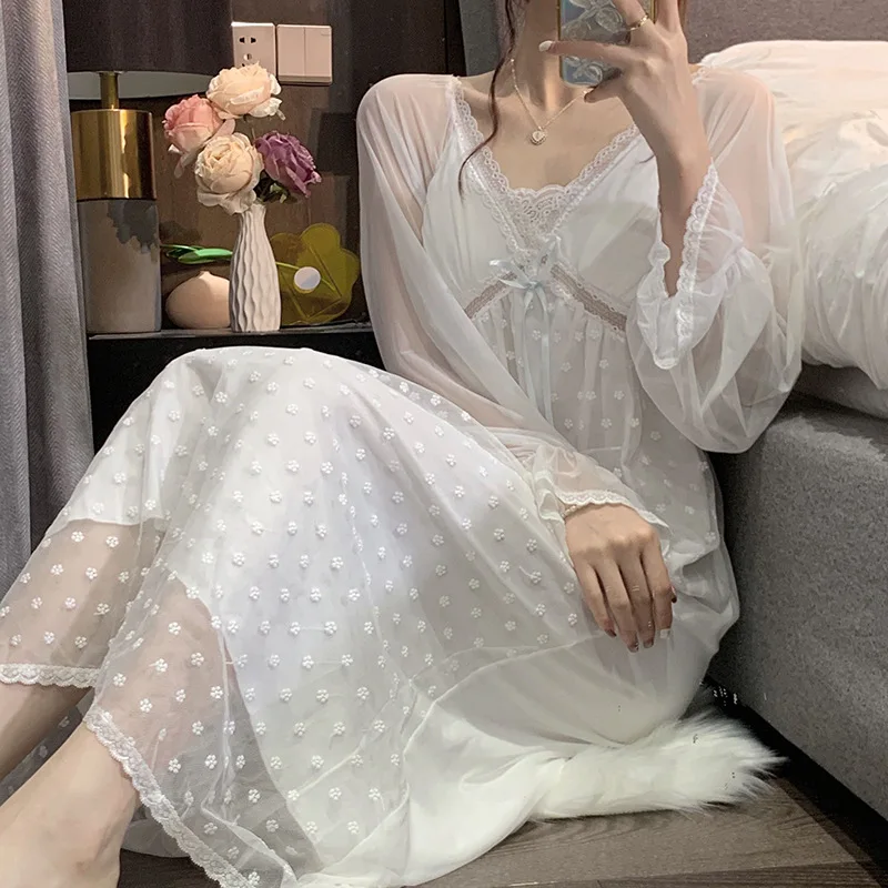 Lace Hollow Out Nightgown With Breast Pads Women Sleep Dress Summer Perspective Nightwear Kimono Dressing Gown Lounge Wear