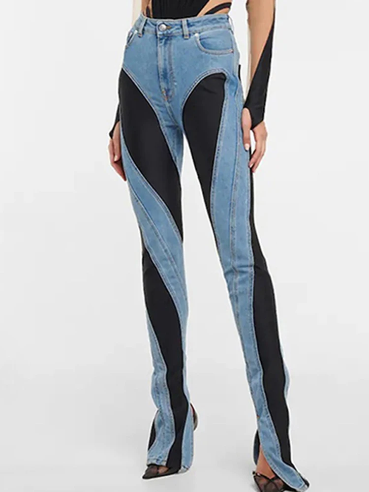 

Split Long Denim Pants Female 2023 Streetwear Sheath Pant Panelled Women's Jeans Blue Slim Deconstruct Patchwork High Waist