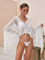 women summer sun proof tops cover ups solid color hollow out cross straps v neck long sleeves swimsuit covers with tassels