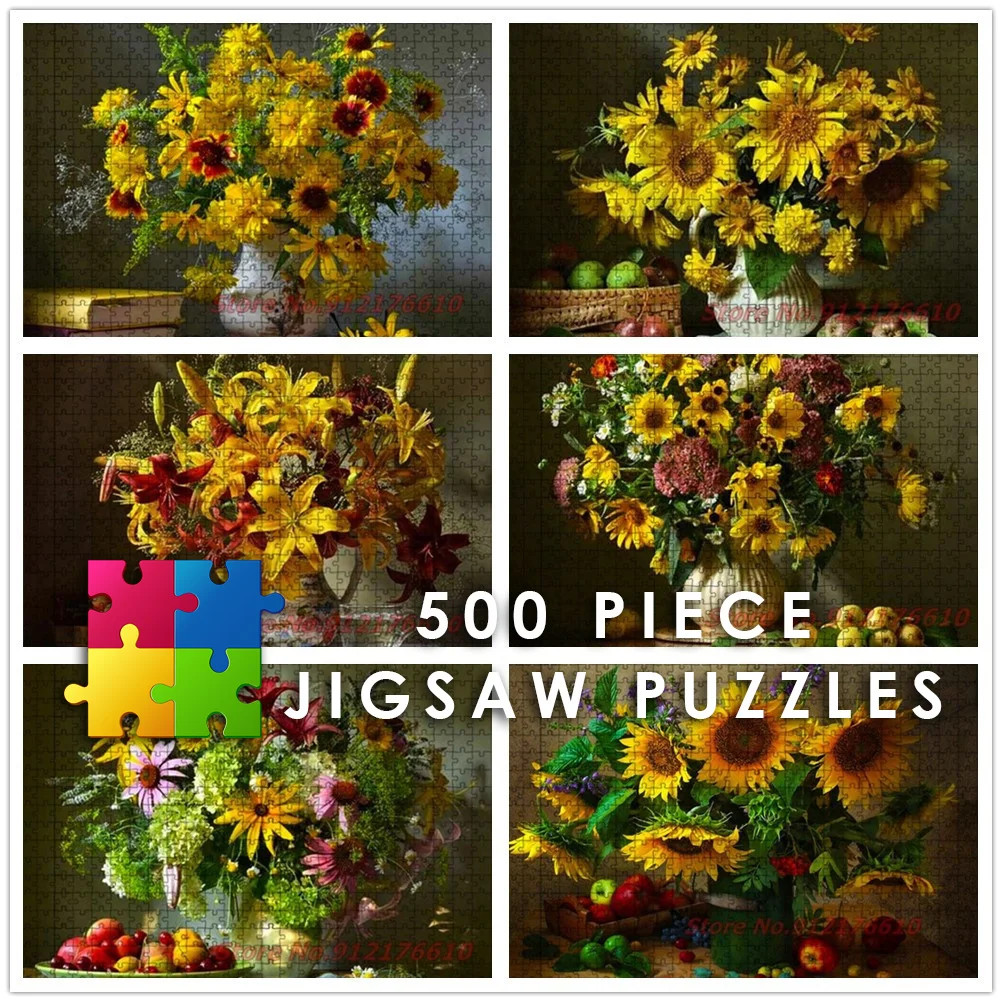 

Vintage Flower Vase 500 Piece Jigsaw Puzzles Sunflower Landscape Diy Creative Puzzle Paper Decompress Educational Toys Kids Gift