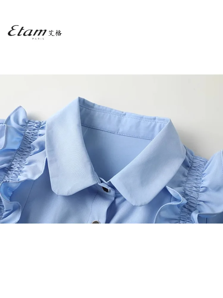 Aige Etam Shirts Women 2024 New Spring and Autumn French sle White Long sleeve Design Sense Leisure Top Blue