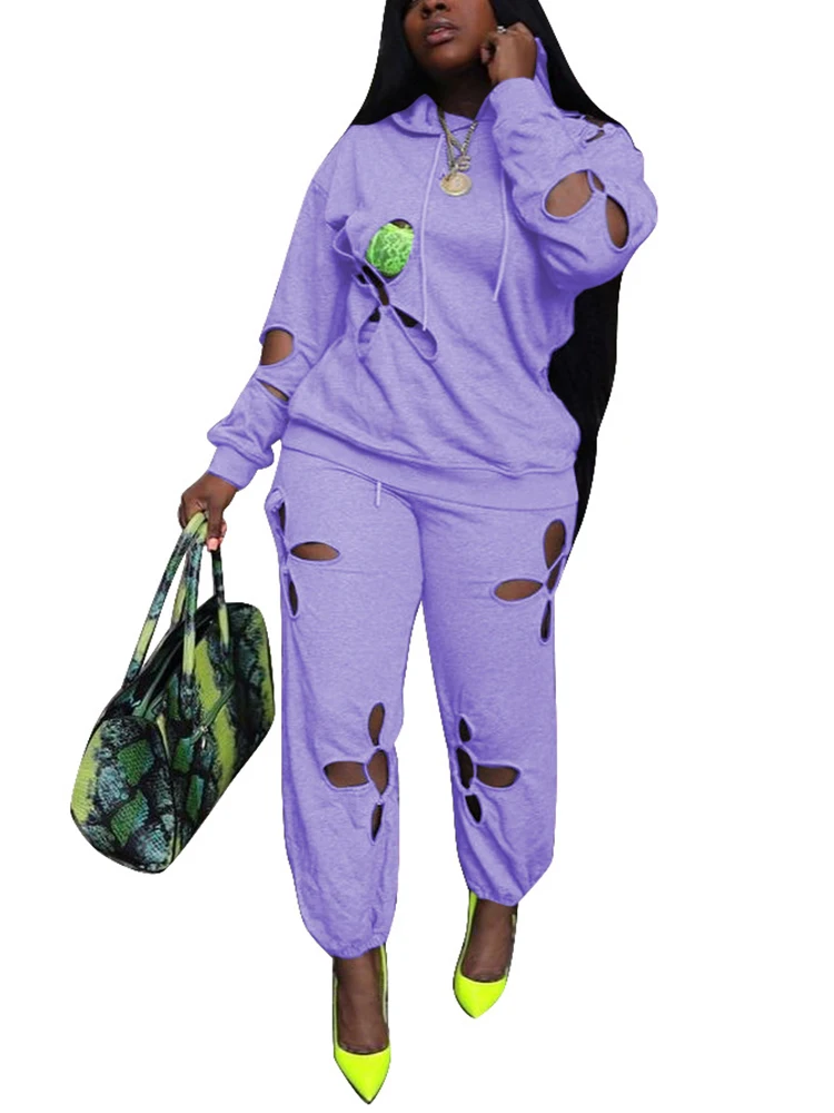 

Cut Out Tracksuits Long Sleeve Hoodies and Slim Pants Set Women solid color 2022 Fashion Casual Two Piece set