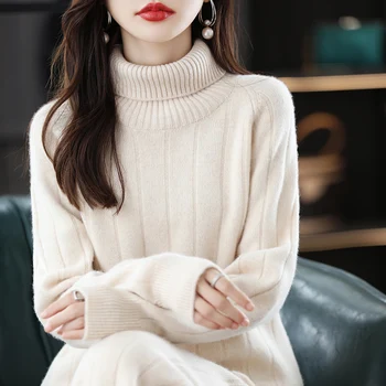 Ladies Long Sleeve Turtleneck Cashmere Sweater Casual Knit Loose Wide Leg Pants Women 100% Pure Wool Suit 1