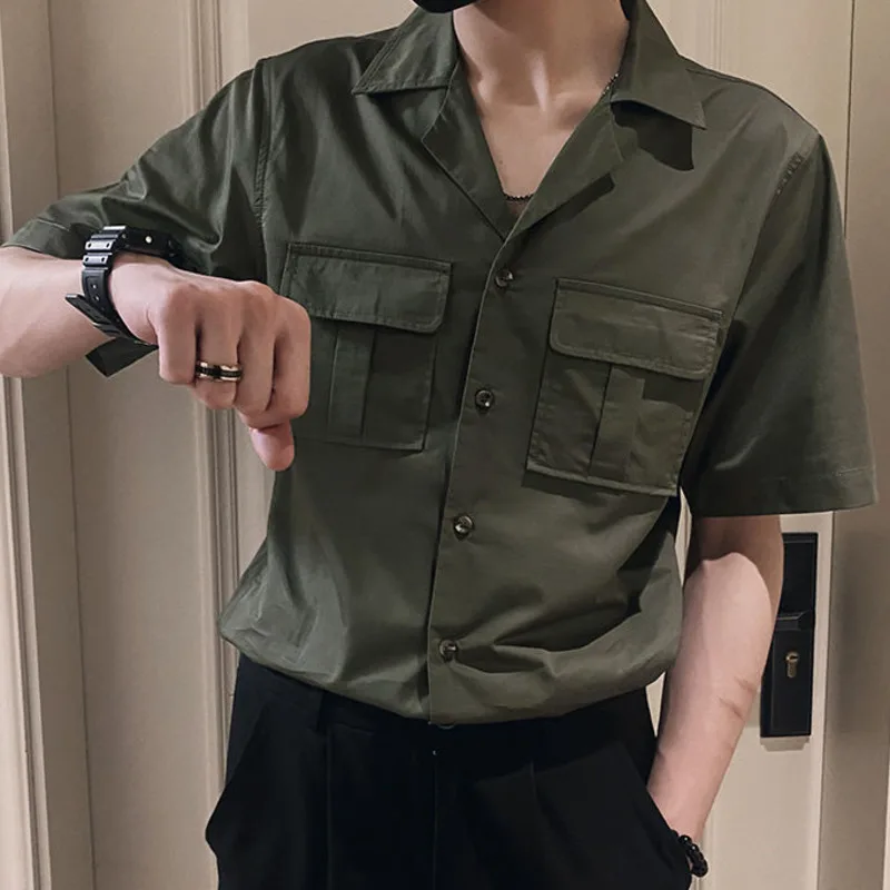 

Pocket Shirts Men Short Sleeve Loose Casual Shirt Fashion Suit Lapel Casual Oversized Shirt Streetwear Men Clothing Army Green