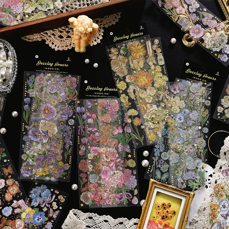 

3sheets PET Bronzing Flowers Series Stickers DIY Scrapbooking Art Waterproof Stationery Stickers Collage Junk Journal School