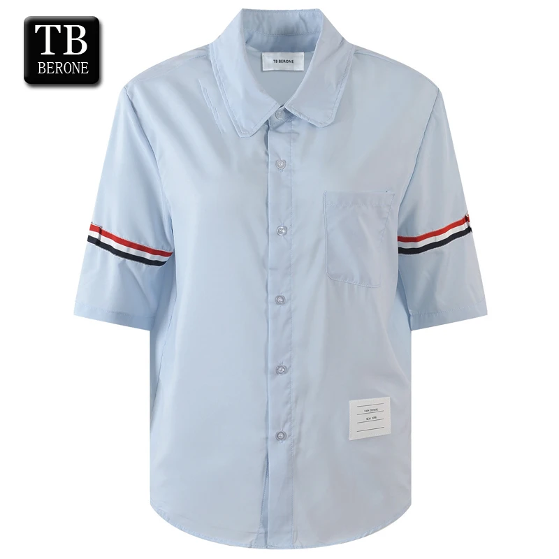 

TB BERONE Men's Shirt Sleeved Ribbon Clothing Poplin Slim Casual Short Sleeve Cotton Thom Four-Bar Fashion Blouses men shirt