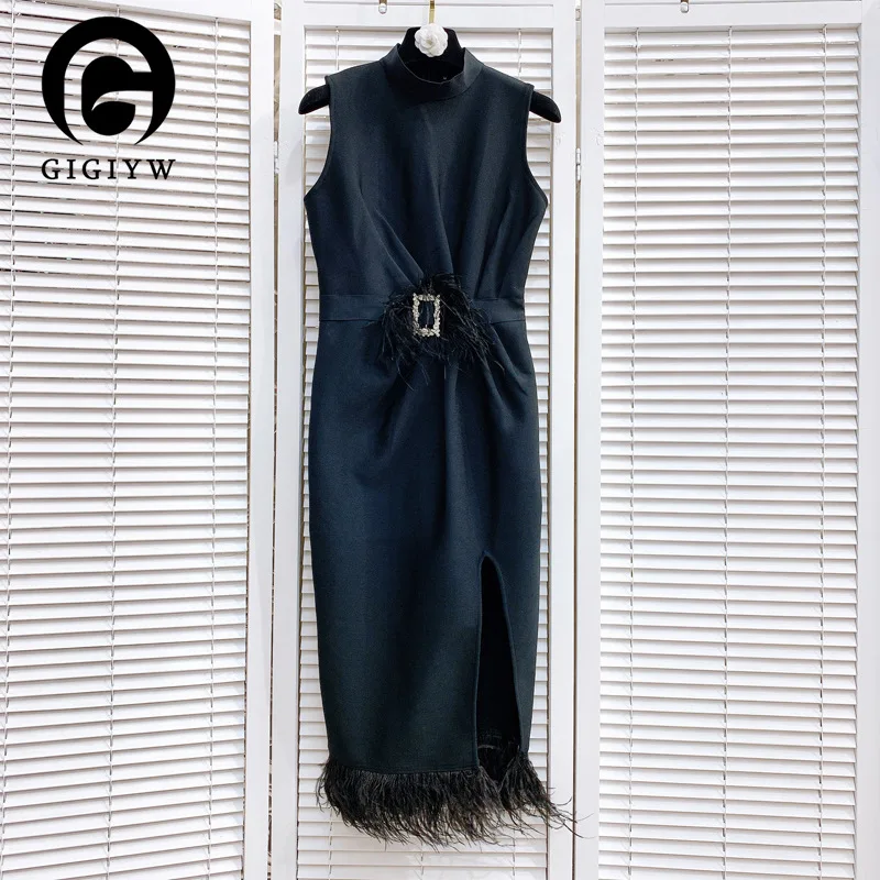 

GIGIYW Fashion Black Sleeveless Slim Bandage Dress Party Diamond Studded Feather Dress Evening Women Autumn Winter 2022 New