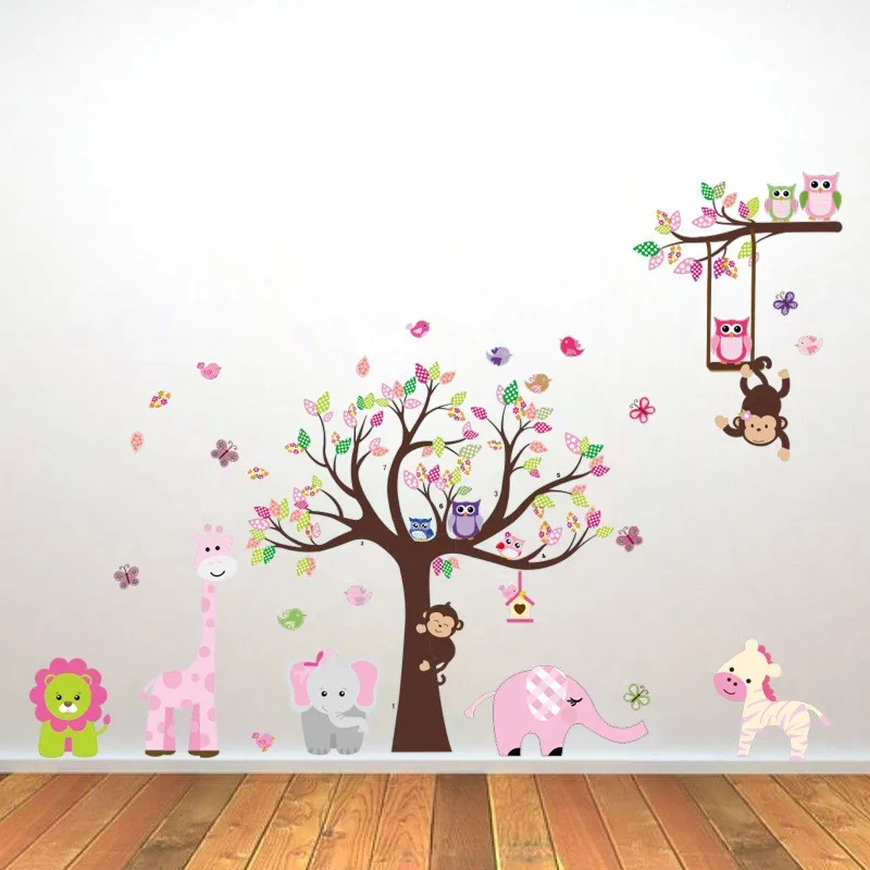 

Tree Big Forest Animal Wall Stickers Cartoon Monkey Owl Elephant Bear Deer Wallpaper Childrens Room Kindergarten DIY Mural