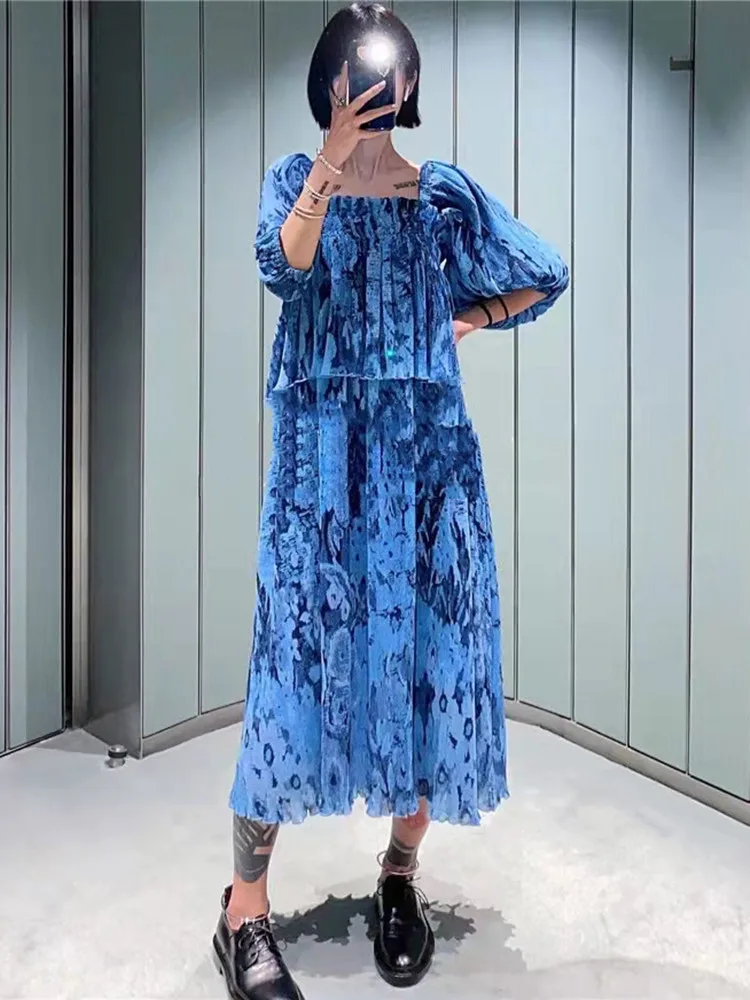 

Georgette Puff Sleeve Women's Blue Abstract Print Long Dress 2022 Early Spring New Ladies Square Collar Loose Elegant Midi Robe