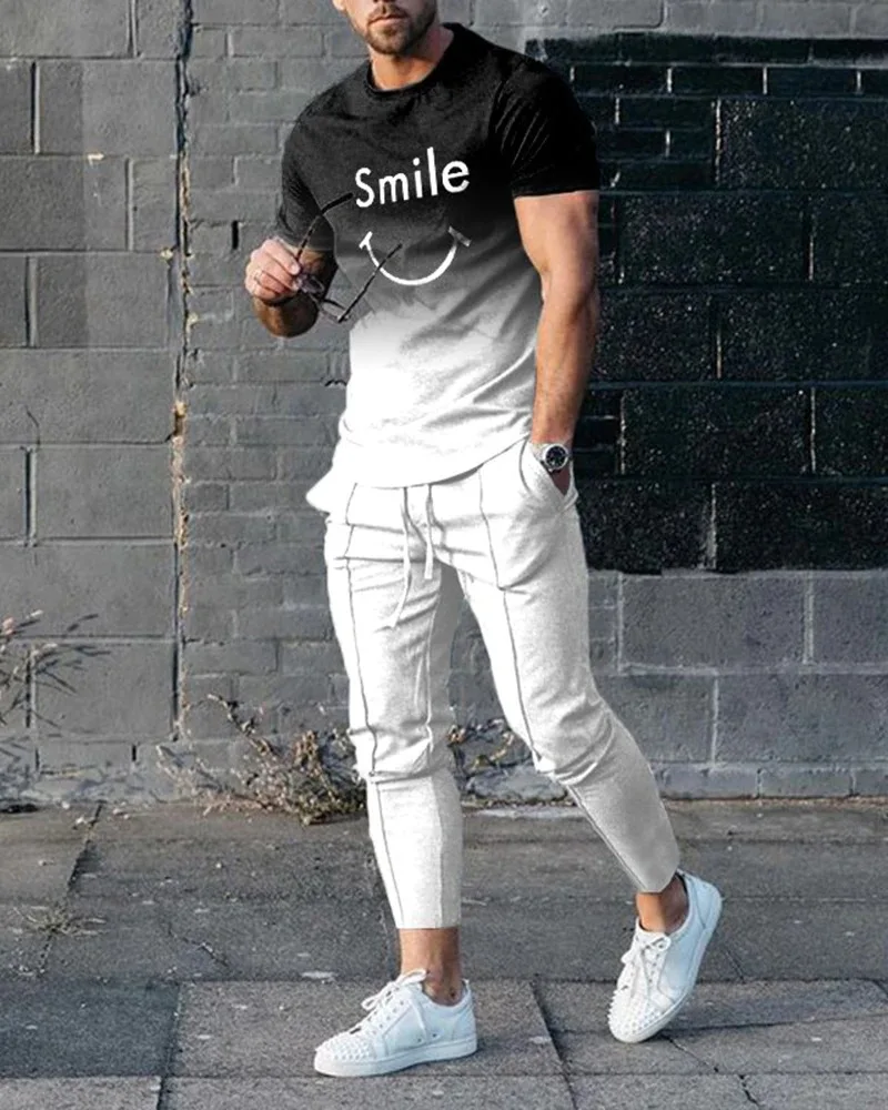 2023 Men Clothing Men's Suit Tracksuit 2 Piece Set Jogger Outfit 3D Printed Summer Funny Smiley Short Sleeve T Shirt+Long Pants