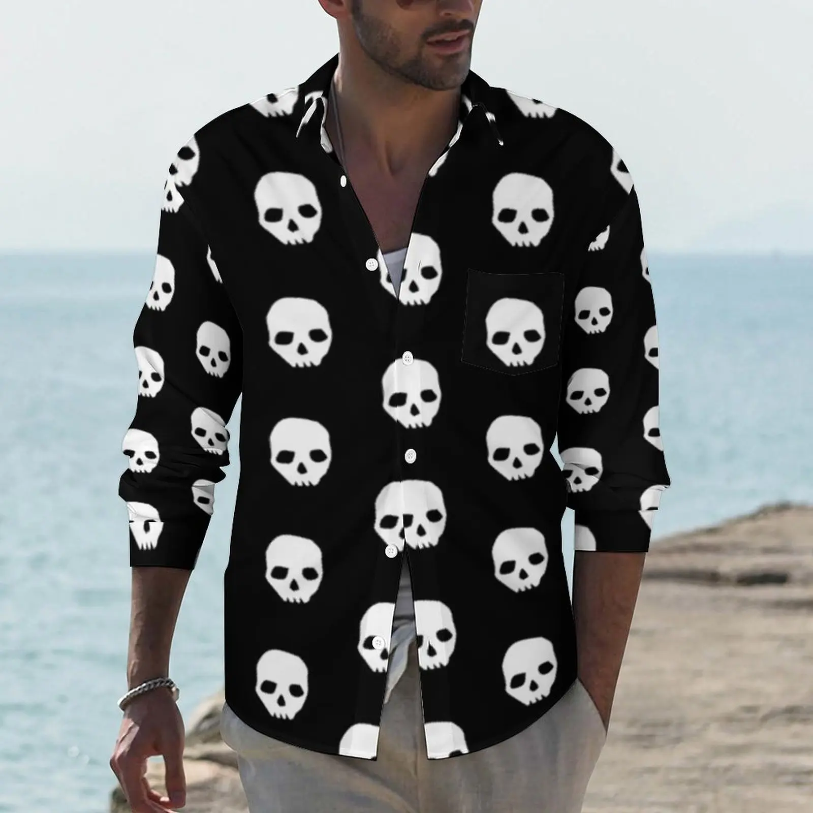 

Goonies Skull Shirt Autumn Retro Movie Print Casual Shirts Mens Loose Blouses Long Sleeve Design Y2K Clothing Plus Size