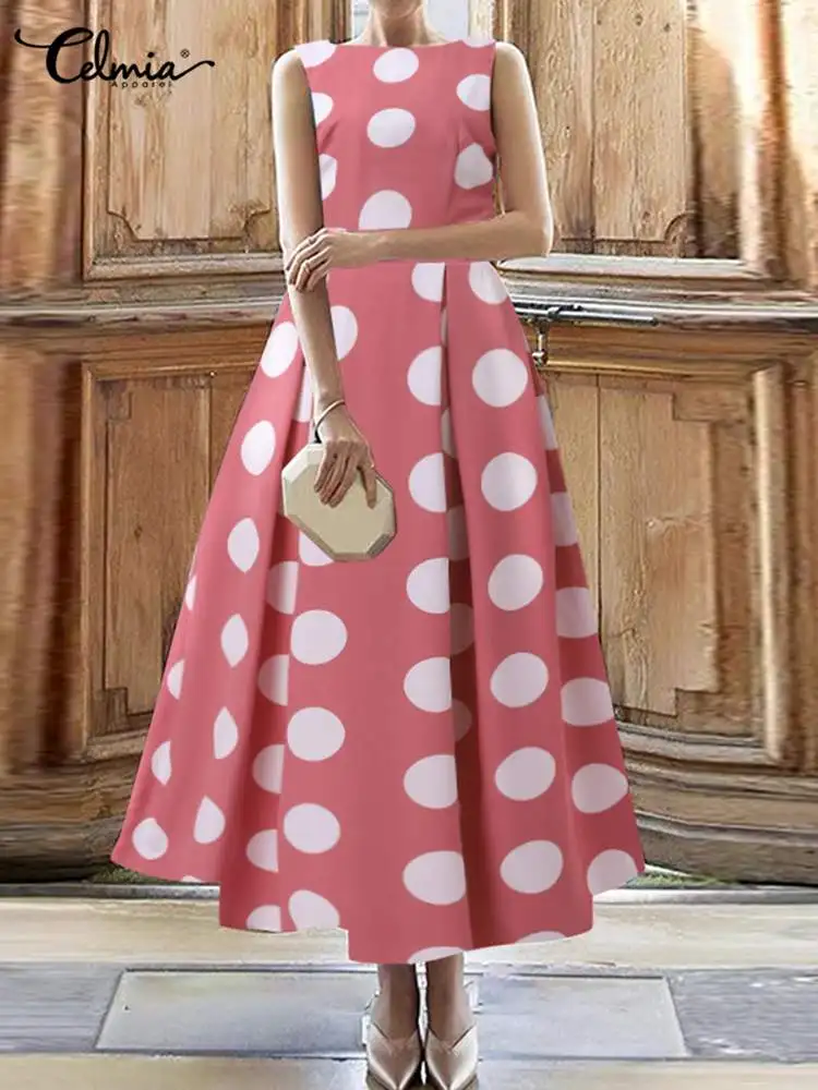

Celmia Fashion Polka Dot Midi Dress Women Sleeveless Pleated Party Dress Summer Elegant Ladies Casual Round Neck Evening Vestido