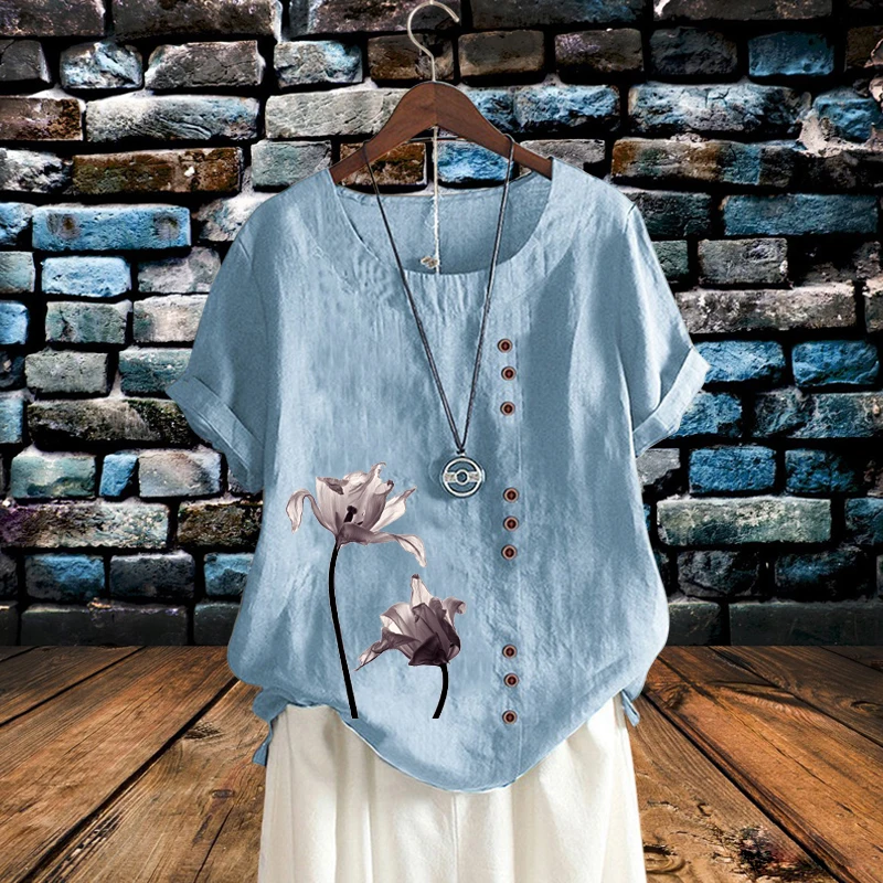 

New Arrival Breathable Cotton Linen Flower Printed T Shirt Women Summer Loose Round Neck Solid Shirt Tops Plus Size XS-5XL
