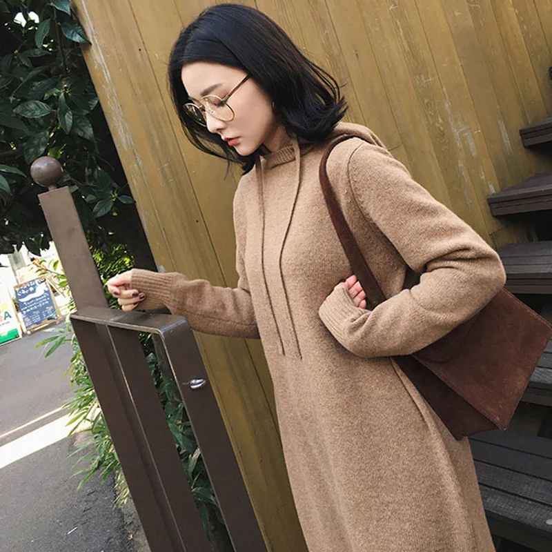 

Autumn Winter Women's Knitted Sweater Dress Luxury Medium Long Sleeve Loose Wool Warm Hooded Dresses For Women