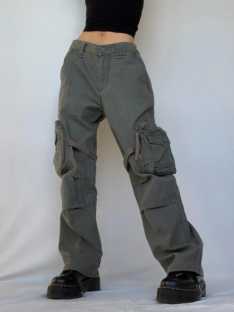 

YIKUO Solid Cotton Cargo Style Pants Woman Jeans Ribbon Pockets Streetwear Techpants Vintage 90S Casual Hippie Denim Trousers