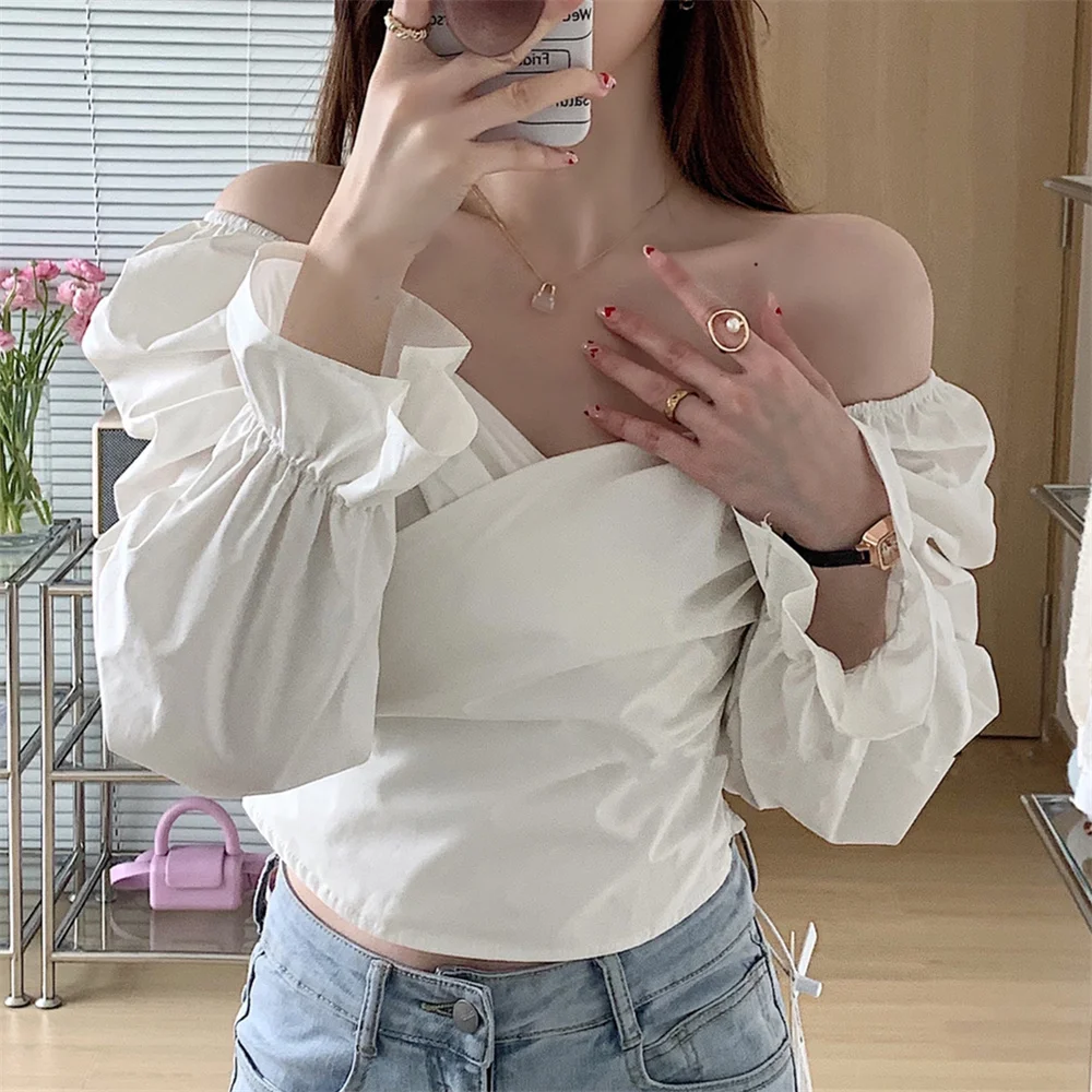 

Женская однотонная блузка с отложным воротником и цепочкой, Размеры S-L