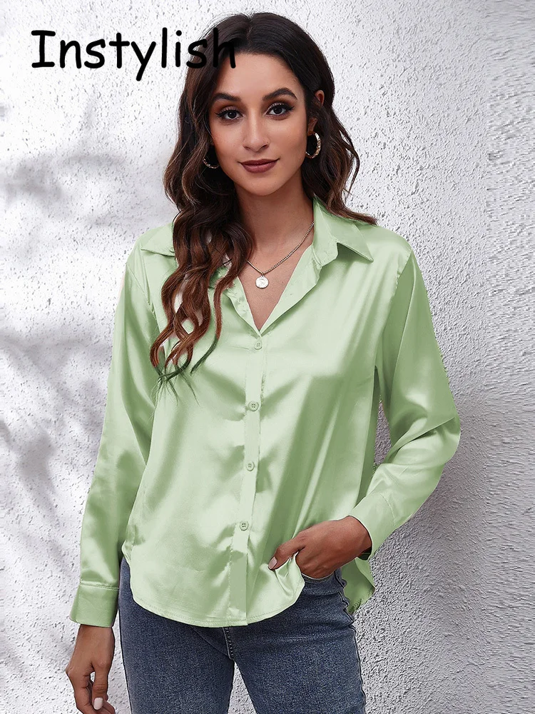 

Elegant Satin Shirt Women Long Sleeve Turn Down Collar Fake Silk Luxury Blouse Casual Solid Chic Top Korean Fashion Office Tunic