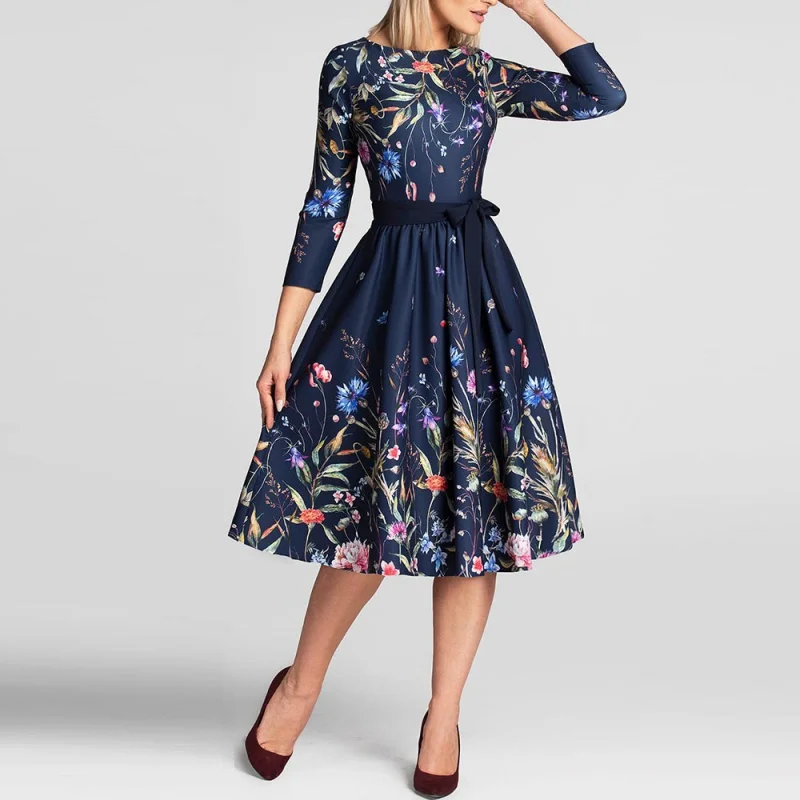 

2022AliExpress Spring And Spring New European And American Women 'S Clothing Printed 3/4 Sleeves Lace-Up Noble Elegant Dress