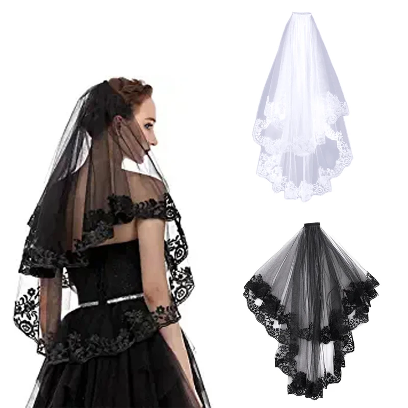 

Black or White Bridal Veil with Comb Vintage Gothic Mantilla Cathedral Tulle Sheer Veil for Wedding Halloween Party Costume