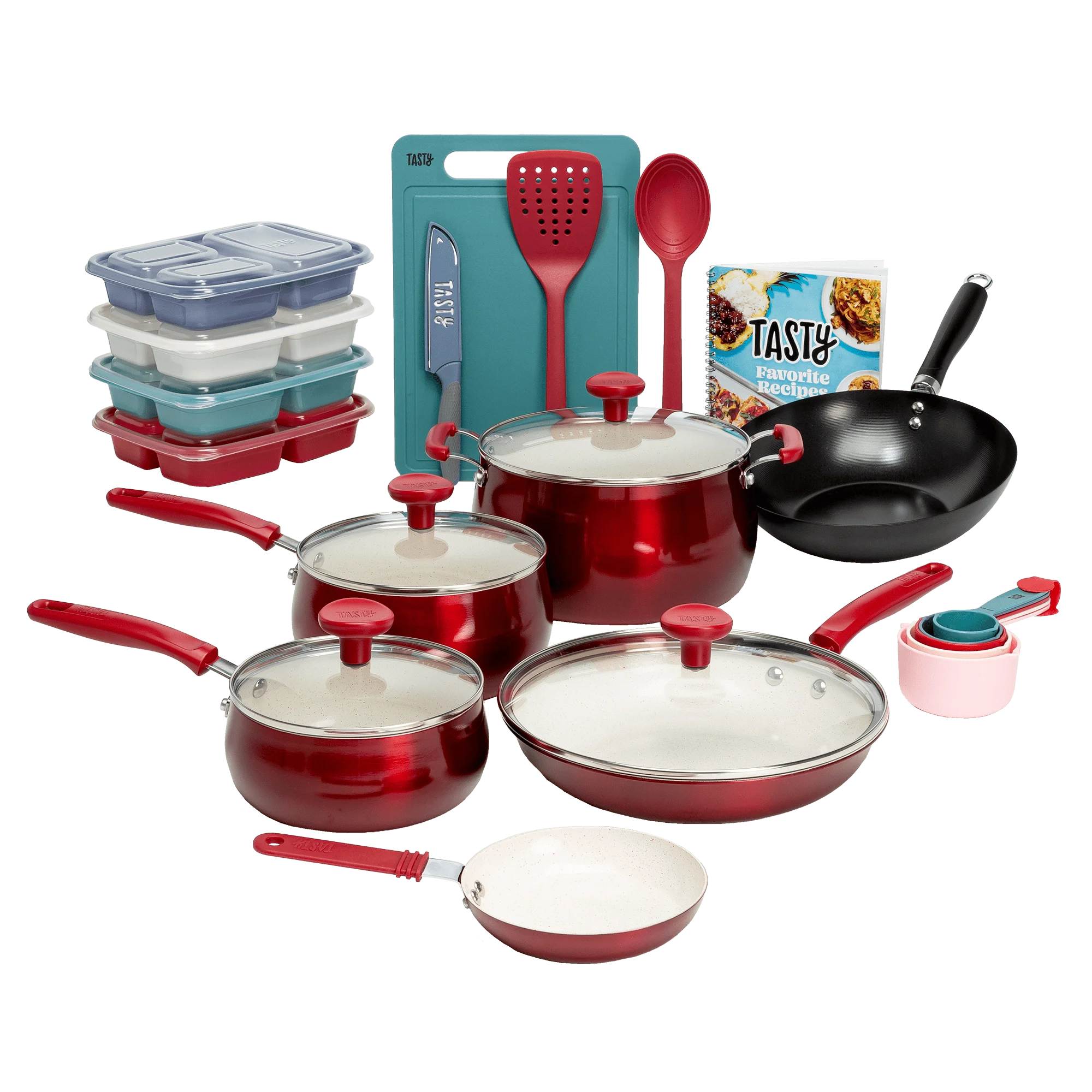 

Tasty Clean Ceramic 24 Piece Non-Stick Aluminum Cookware Set, Red