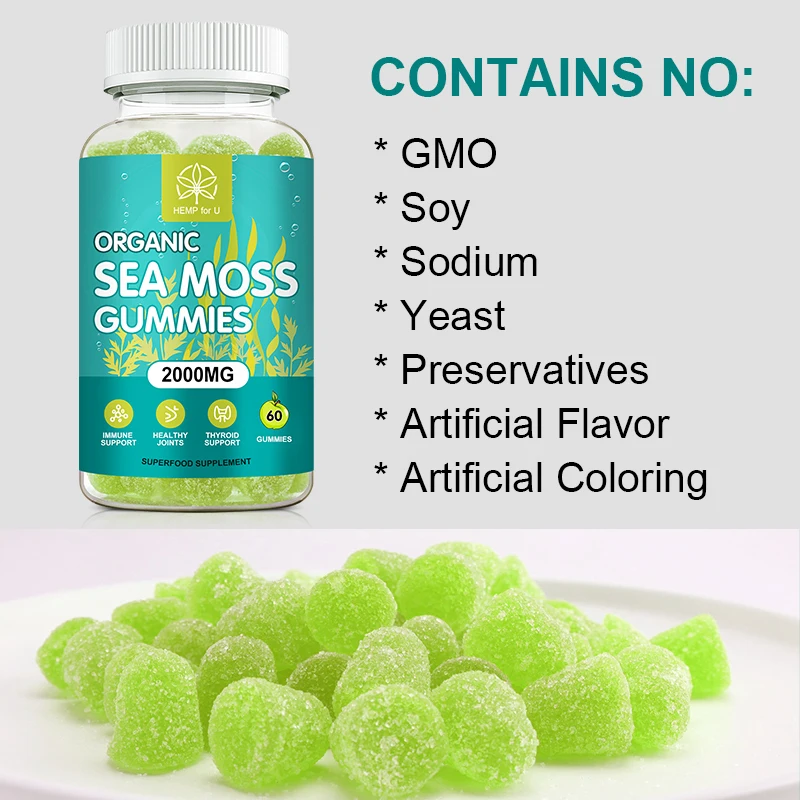 

HFU Organic Green Apple Flavor Sea Moss Gummies Improve Resistance for Kid &Elderly Detox Weight Loss Antioxidants Beauty Health