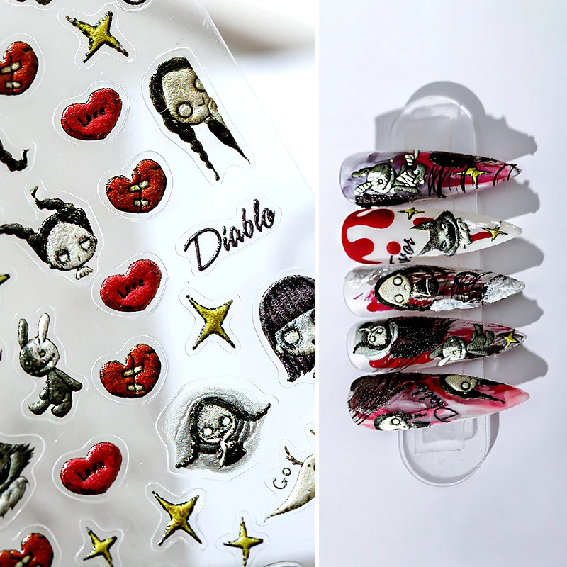 

Black Red Heart Horror Dark Doll Design Nail Art Decoration Stickers Lovely Cartoon 3D Self Adhesive Nail Decals DIY Wholesale