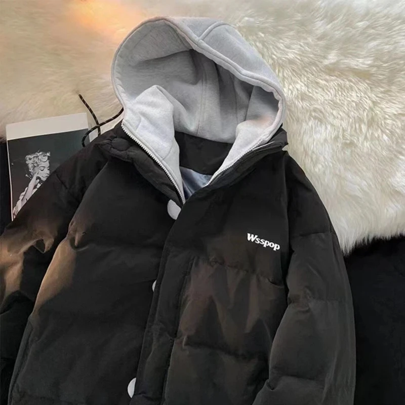 Korean Kawaii Fake Two Piece Hooded Loose Cotton Coat Women's 2023 Winter Thickened Jacket Winter Coat Women's Cotton Clothes
