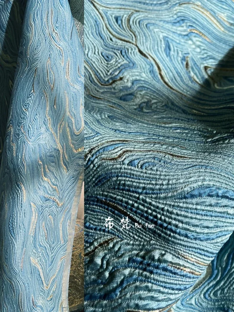 Трехмерная блестящая жаккардовая ткань синего цвета с текстурой океана