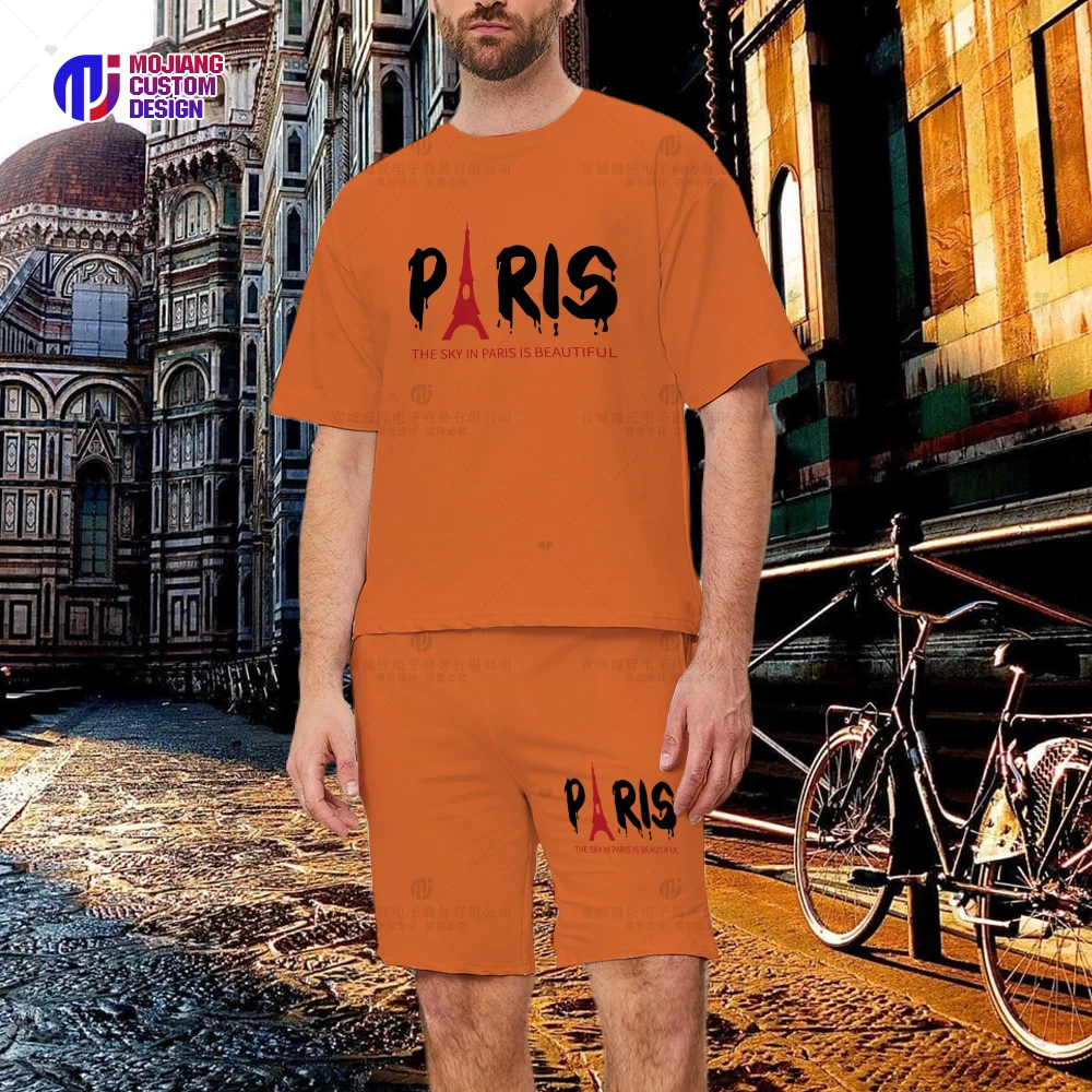 Eiffel Tower and Slogan Graphic Print Men's T-Shirts Graphic Summer Cotton Shorts High-end Graphic Hip Hop Tops Shirt Sets