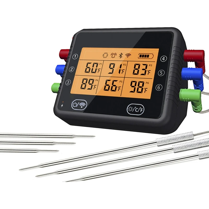 

Wi-Fi & Bluetooth Digital Bbq Grill Thermometer Rechargeable Wireless Meat Bbq Thermometer For 4/6 Probes Temp Alarm