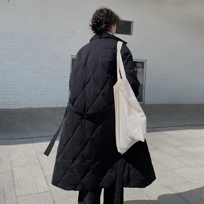 Anbenser Women's Winter Korean Style Long Cotton-padded Coat Casual Stand-up Collar Argyle Pattern Oversized Parka Chic Jacket