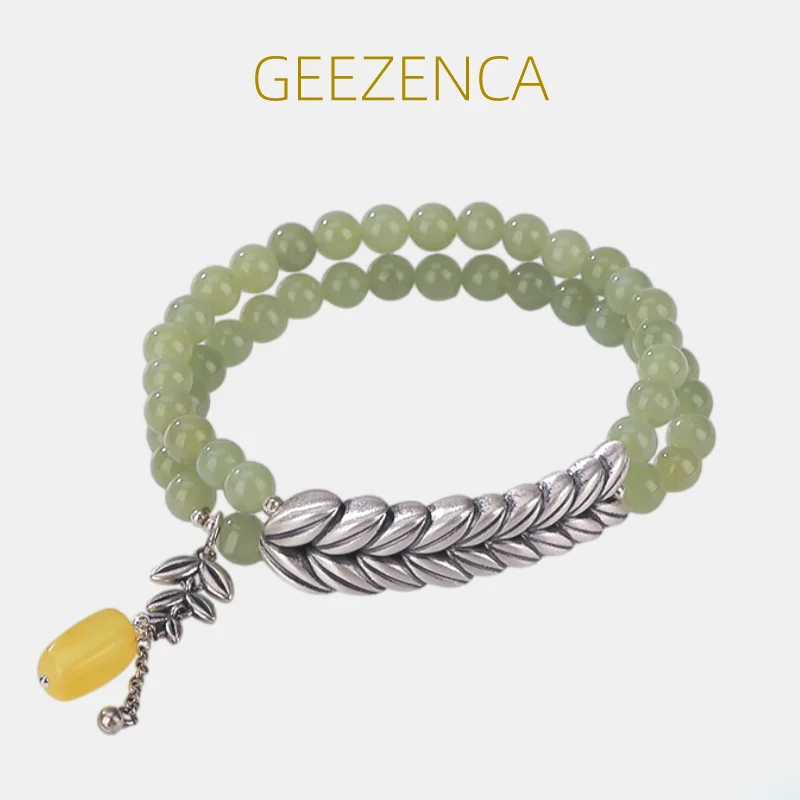 

GEEZENCA Роскошная яшма S990 Серебряная зерна Янтарный шарм браслеты для женщин ручной работы двойная петля зеленый нефрит бусины браслет эластичный