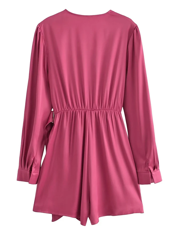 YENKEY  New 2023 Women Fashion Buckle Satin Short Jumpsuit Vintage Cross V Neck Long Sleeve Ladies Casual  Romper