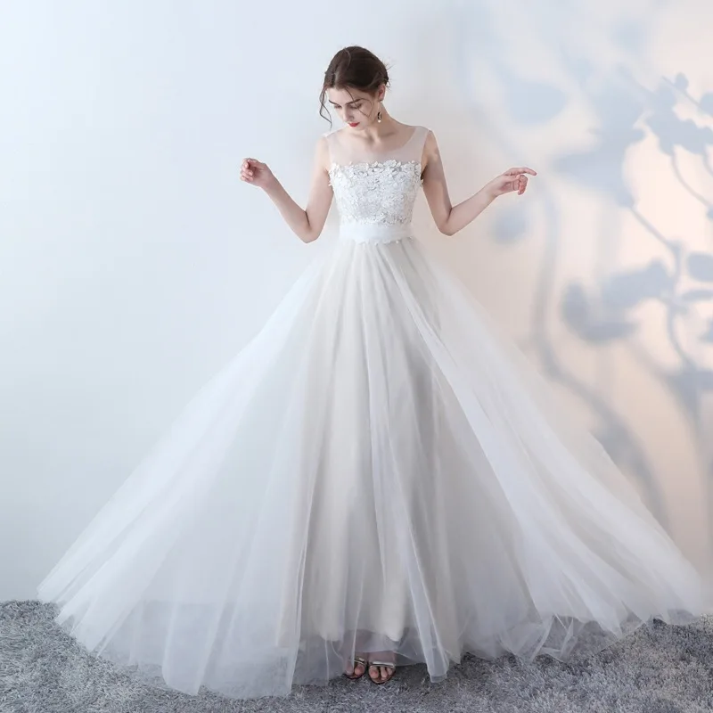 

SONDR Custom Made Tulle Wedding Dresses O-Neck Sleeveless Korea Ivory Appliques Brides Gowns A-Line Women Bridal Dresses