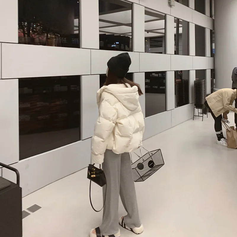 Hooded Down Jacket Women's Winter New Solid Colour Cotton Clothing Students Thicken Warm Bread Clothes Jacket Casual Tops