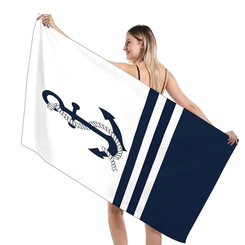 

Beach Towel White Dark Blue Rudder Anchor Striped Quick-drying Sand-free Bath Towel Adult Children Travel Camping Hotel Towel