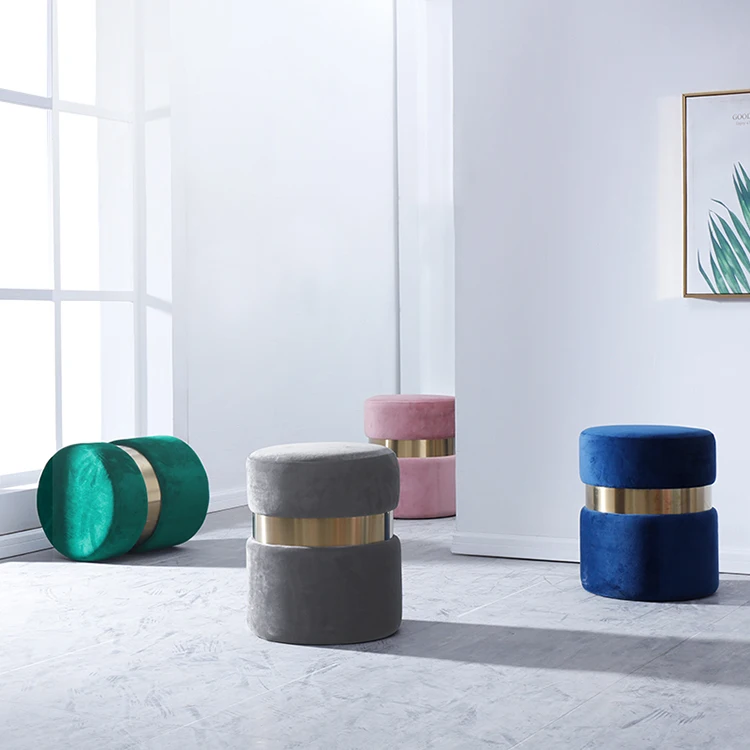 

High Quality Custom Multipurpose Grey Small Soft Rest Chair Velvet fabric metal Round Made in China Ottoman Stool