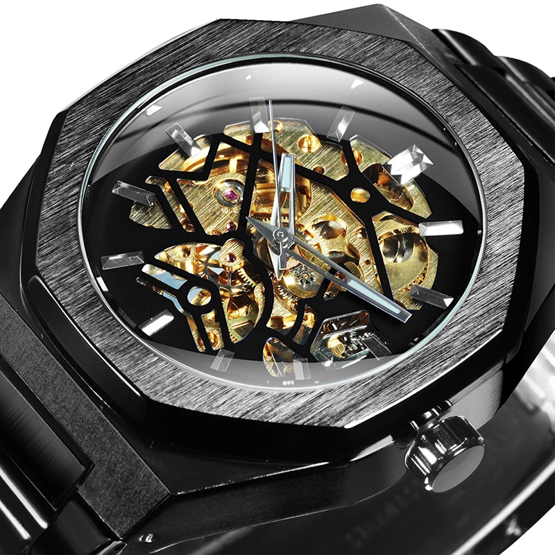 

WINNER Black Luxury Skeleton Automatic Watch for Men Fashion Luminous Hands Irregular Mechanical Watches Stainless Steel Strap