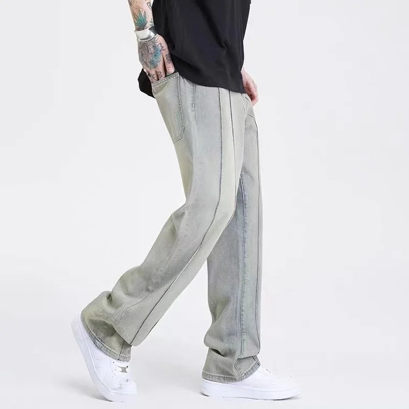 Men Jeans Baggy Jeans Vintage Wash Topstitched Baggy Jeans Y2k Pants Men Korean Fashion Streetwear Men Clothing Jeans Aestethic