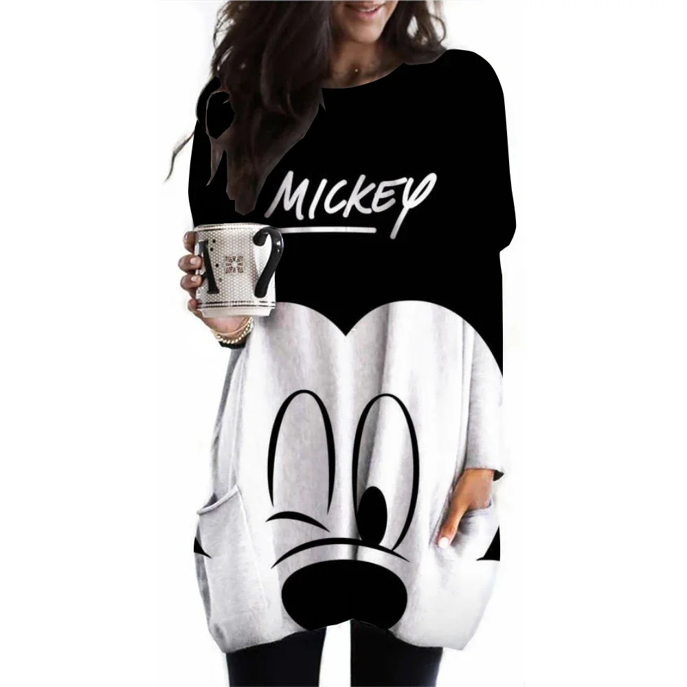 Camiseta con estampado de Mickey Mouse Disney para mujer ropa informal manga larga bolsillo Топы Vintage nueva