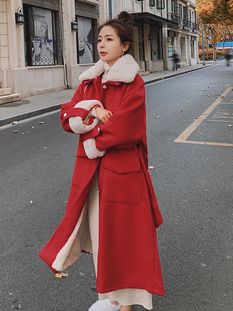 Новогоднее пальто красная шерстяная куртка женское новое осенне-зимнее