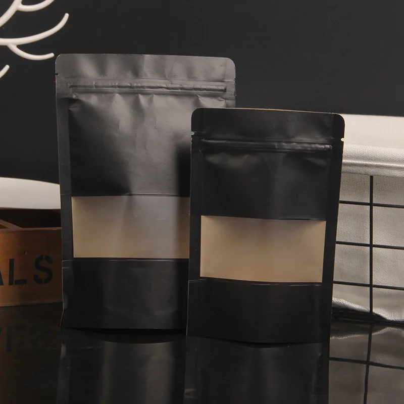 Black Kraft Paper Stand Up Zip Lock Bags With Window Resealable Biscuits Coffee Bean Snacks Craft Paper Packaging Pouches